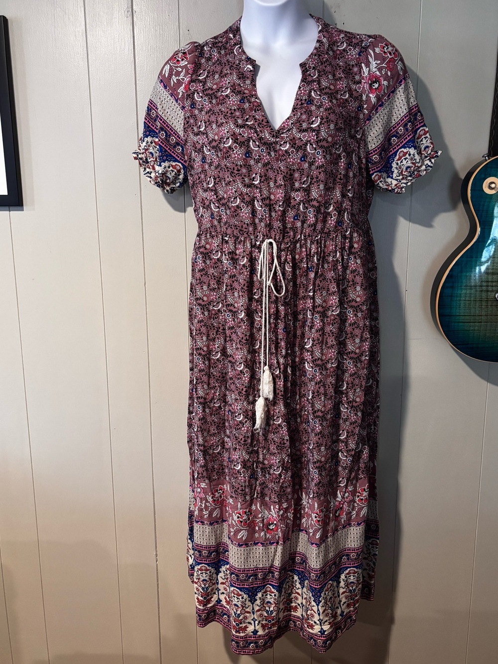 BloomChic Burgundy Paisley Midi Dress with Tassel Tie